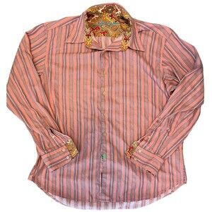 Robert Graham Mens X-Large Pink Striped Flip Cuff Long Sleeve Button Front Shirt